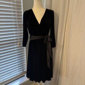 AB Studio Black Velvet Midi Dress Size L Satin Sash 3/4 Sleeve V-Neck Holiday